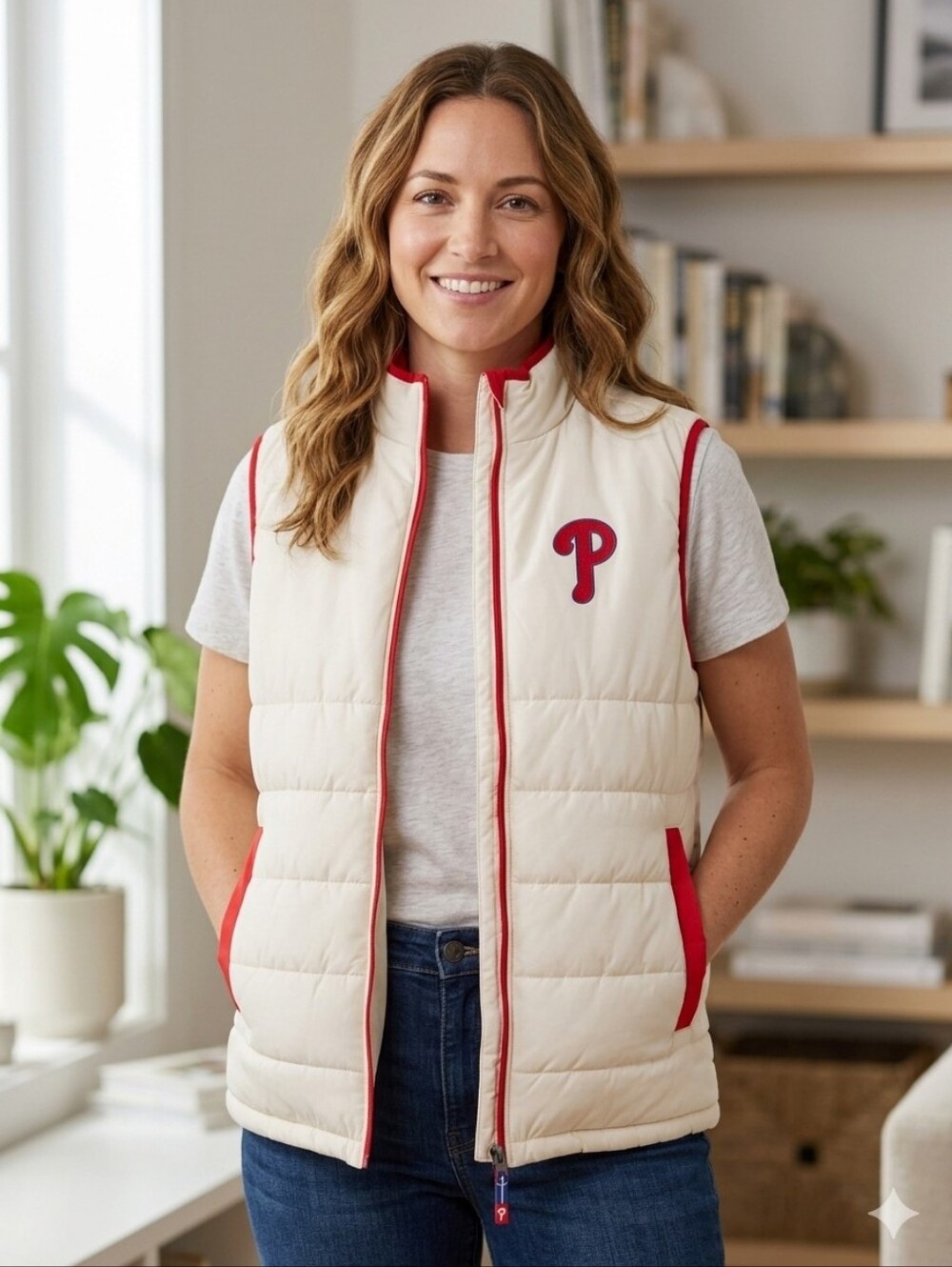 Philadelphia Phillies MLB Women's Puffer Vest Cream Red Trim Size Large